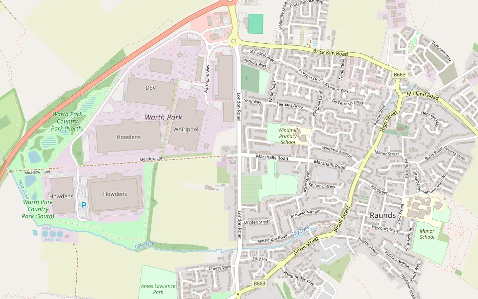 Map showing Kiln Park, London Road, Raunds, Wellingborough, Northamptonshire, NN9 6EQ