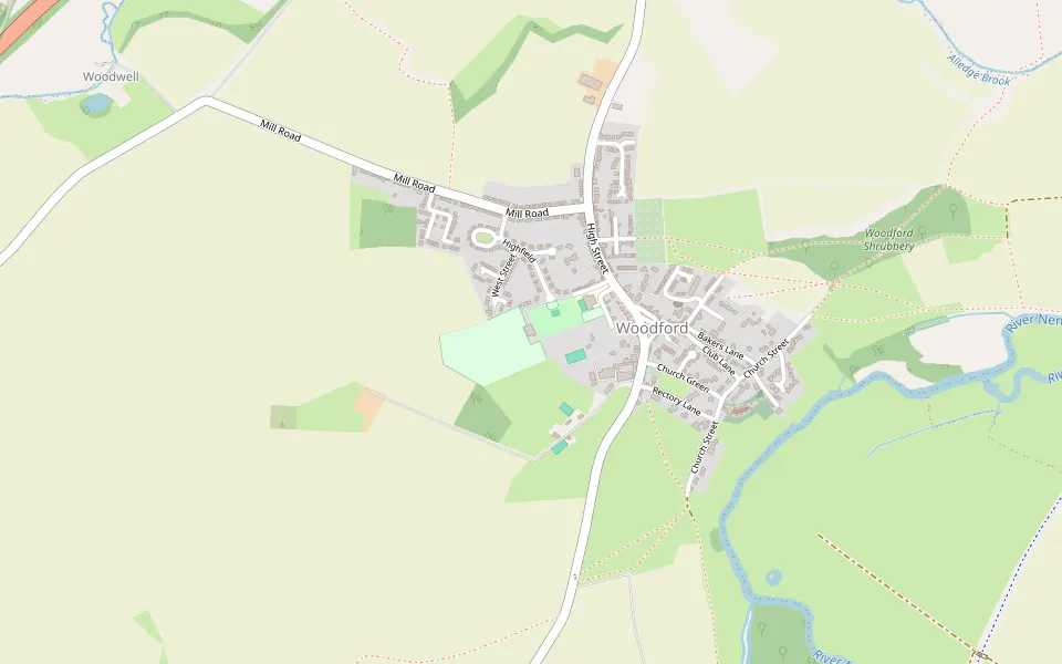 Map showing Woodford Community & Sports Complex, Highfield, Woodford, Kettering, NN14 4HD